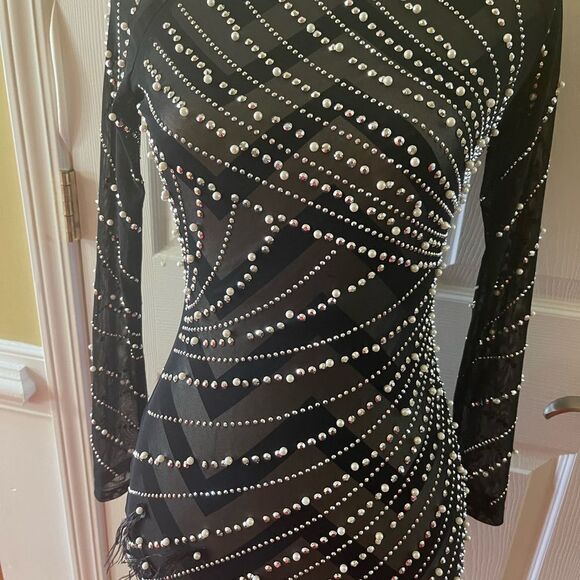 Unbranded Luxury Rhinestones & Pearls Feather Mini dress feather accents Size S - Picture 11 of 16